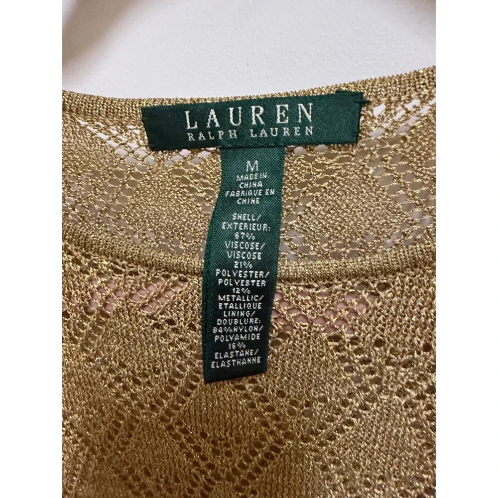 Lauren Ralph Lauren‎ Gold Metallic Pointelle Knit Crochet Sweater Top Womens M